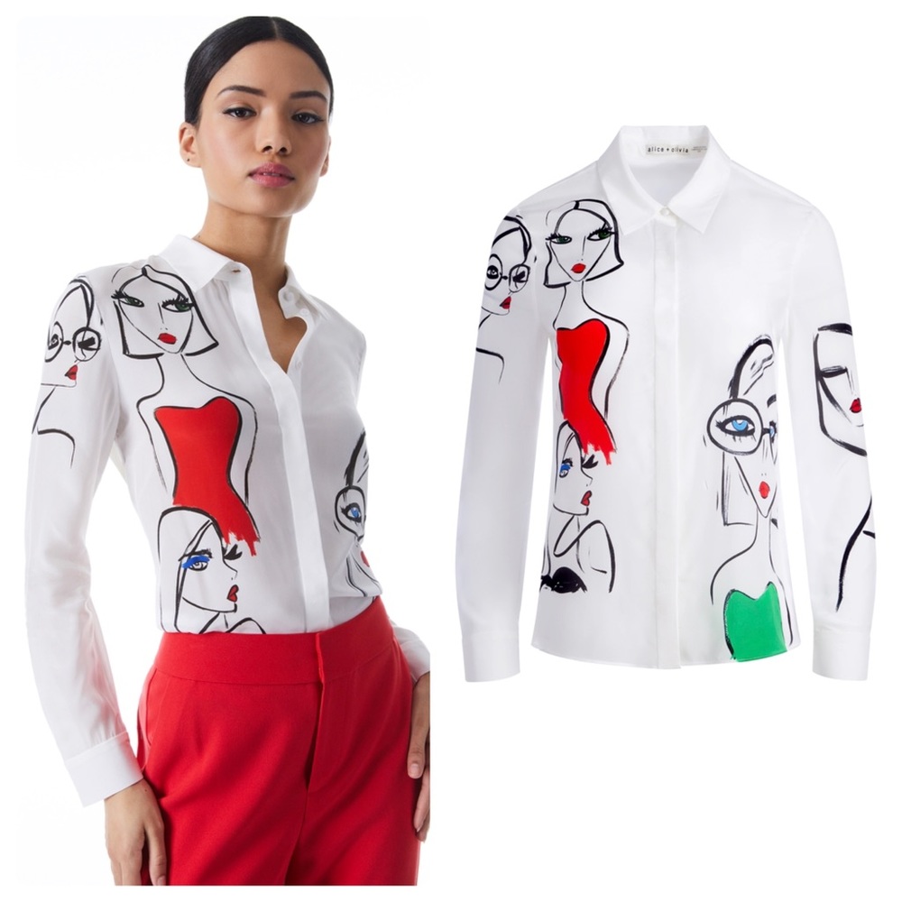 Alice + Olivia White Cotton Shirt with Red and Green Graphic Figures